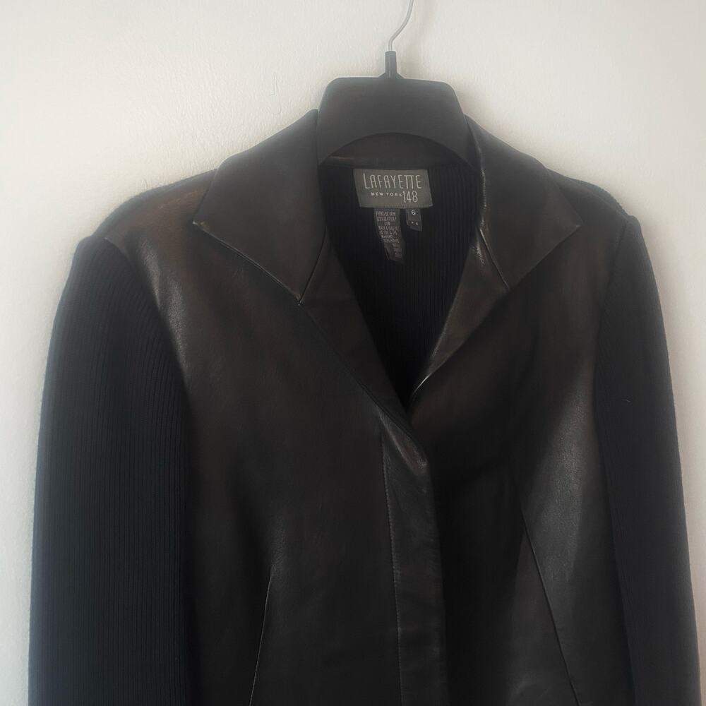 Lafayette 148 New York Leather Merino Wool Mix Black Jacket Size 6 - Picture 2 of 6
